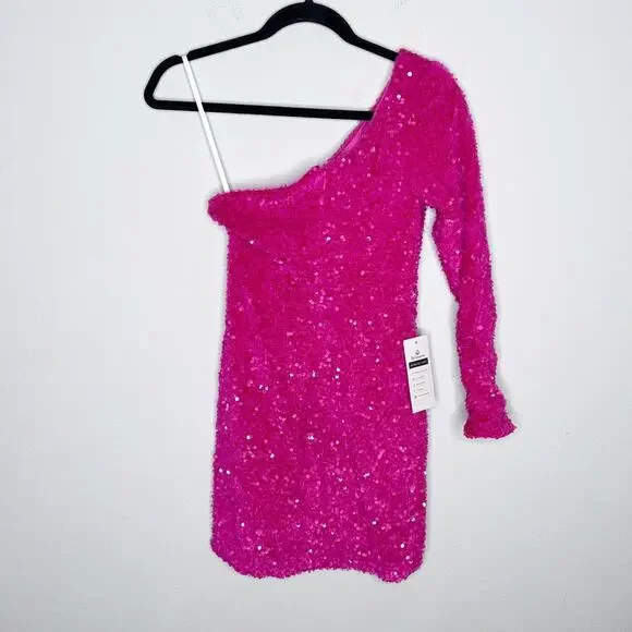 Berlinnova Sexy Glitter One-Shoulder Sequin Minidress Pink Size 4 - Picture 7 of 9